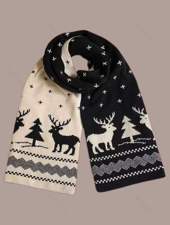 Écharpe à motif géométrique de sapin de Noël et flocons de neige et élans - Noir 