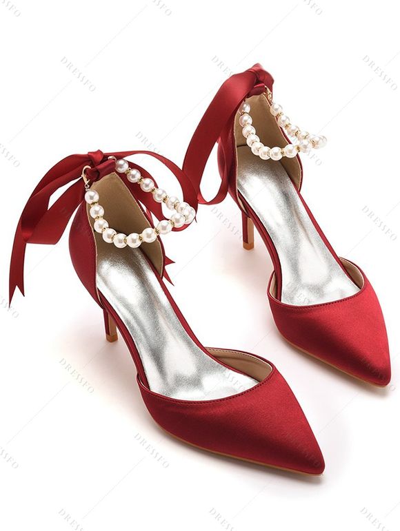Faux Pearl Ribbon High Heel Pointed Toe Elegance Party Sandals - Rouge EU 43