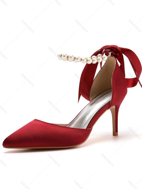 Faux Pearl Ribbon High Heel Pointed Toe Elegance Party Sandals - Rouge EU 43