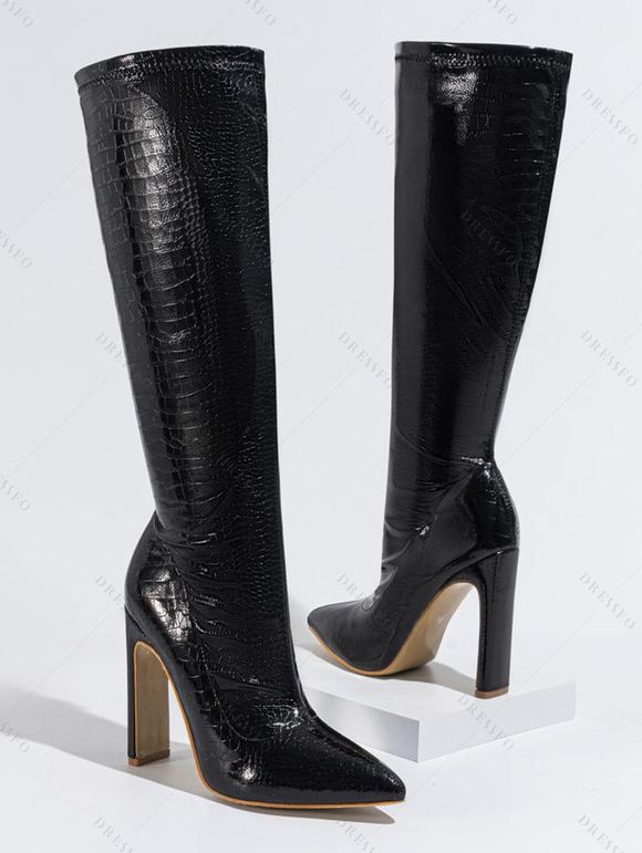 Solid Color Stone Pattern Pointed Toe High Heels Knee-length Boots - Noir EU 43