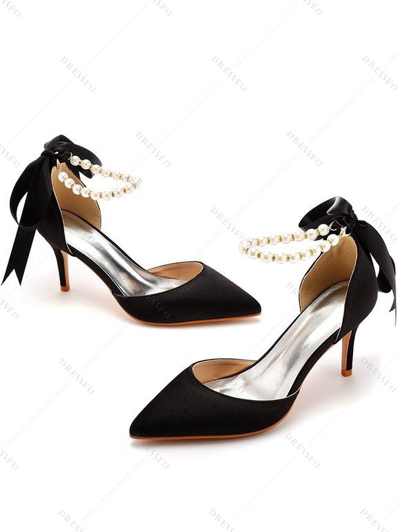 Faux Pearl Ribbon High Heel Pointed Toe Elegance Party Sandals - Noir EU 43
