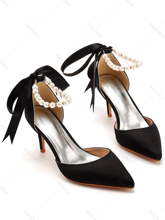 Faux Pearl Ribbon High Heel Pointed Toe Elegance Party Sandals - Noir EU 43