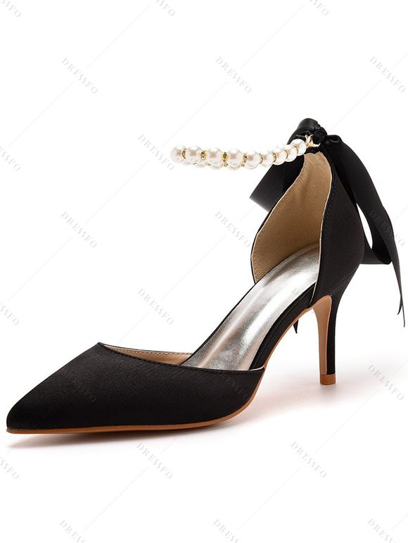 Faux Pearl Ribbon High Heel Pointed Toe Elegance Party Sandals - Noir EU 43