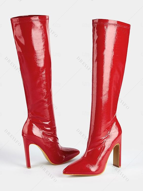 Solid Color Stone Pattern Pointed Toe High Heels Knee-length Boots - Rouge EU 43