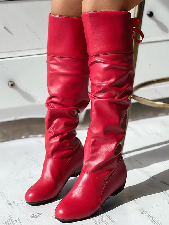 Solid Color Ruched Bowknot Knee-length Boots - Noir EU 42