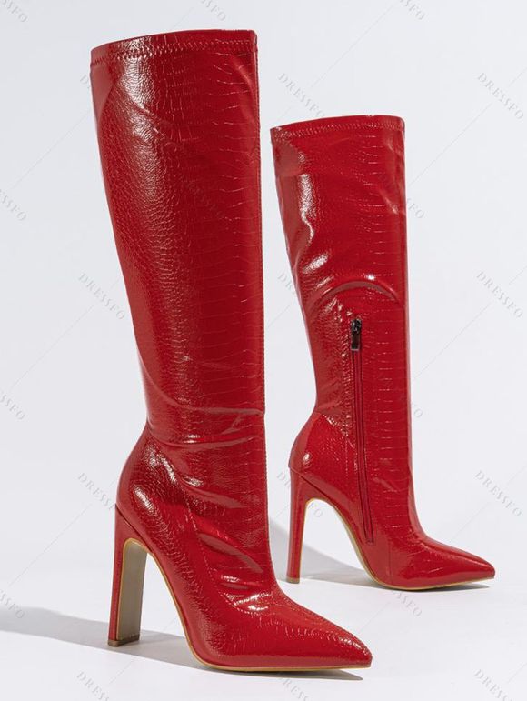 Solid Color Stone Pattern Pointed Toe High Heels Knee-length Boots - Rouge EU 43