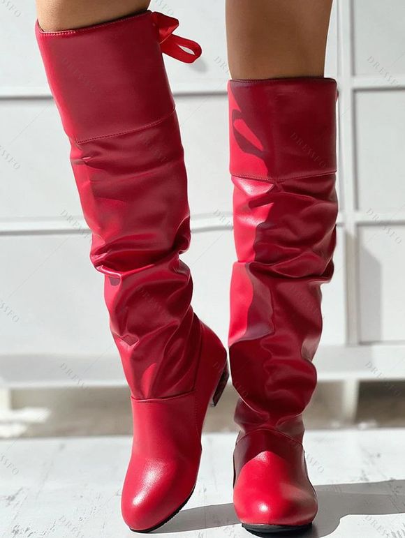 Solid Color Ruched Bowknot Knee-length Boots - Noir EU 42