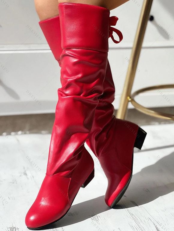 Solid Color Ruched Bowknot Knee-length Boots - Noir EU 42