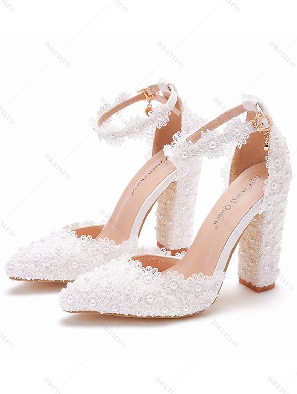 Floral Lace Panel Buckle Strap High Heels Elegance Wedding Sandals - Blanc EU 43