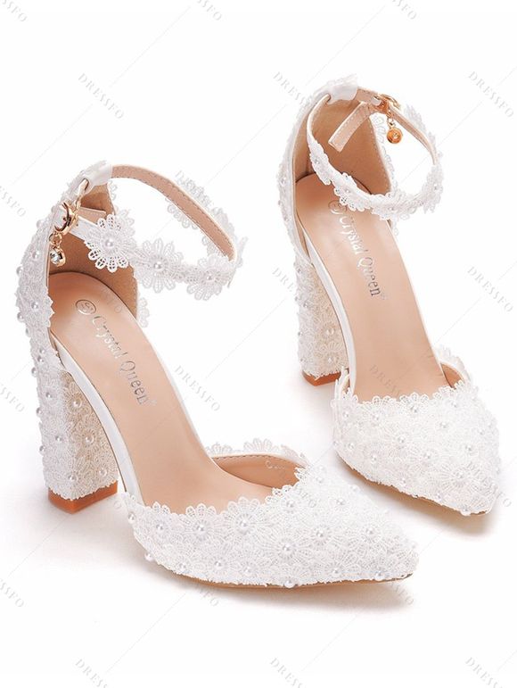 Floral Lace Panel Buckle Strap High Heels Elegance Wedding Sandals - Blanc EU 43