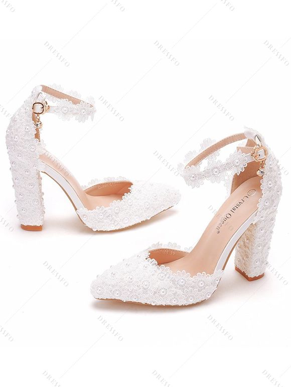 Floral Lace Panel Buckle Strap High Heels Elegance Wedding Sandals - Blanc EU 43