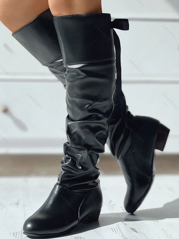 Solid Color Ruched Bowknot Knee-length Boots - Rouge EU 42