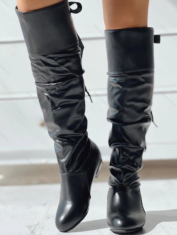 Solid Color Ruched Bowknot Knee-length Boots - Rouge EU 42