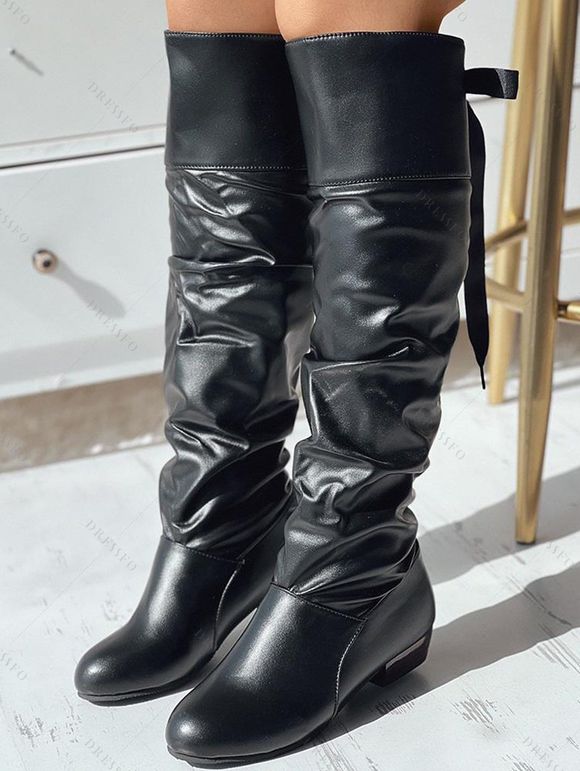 Solid Color Ruched Bowknot Knee-length Boots - Rouge EU 42