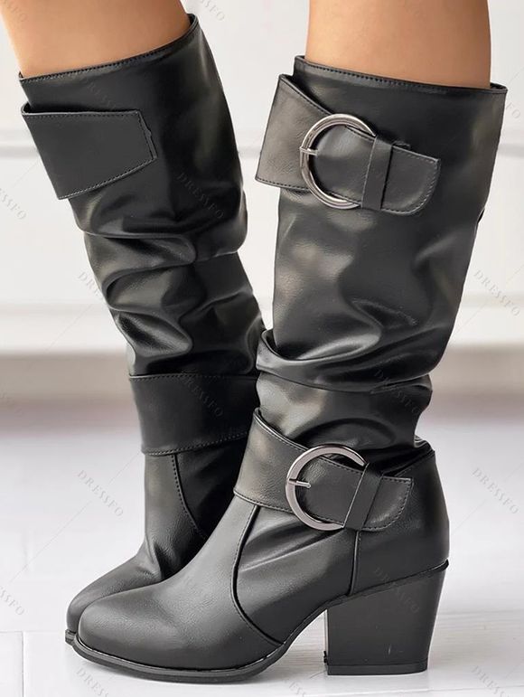 Solid Color O Ring Buckle Chunky Heels Equestrian-Style Boots - Brun EU 43