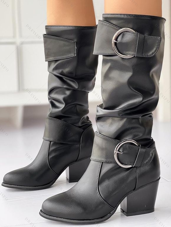 Solid Color O Ring Buckle Chunky Heels Equestrian-Style Boots - Brun EU 43