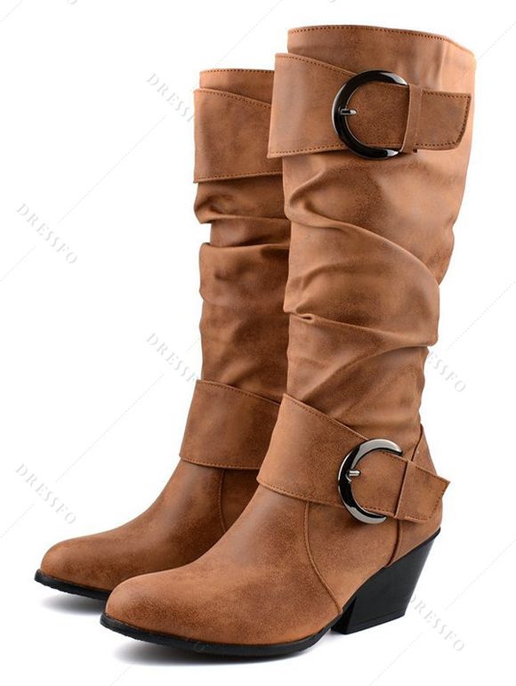 Solid Color O Ring Buckle Chunky Heels Equestrian-Style Boots - Noir EU 43