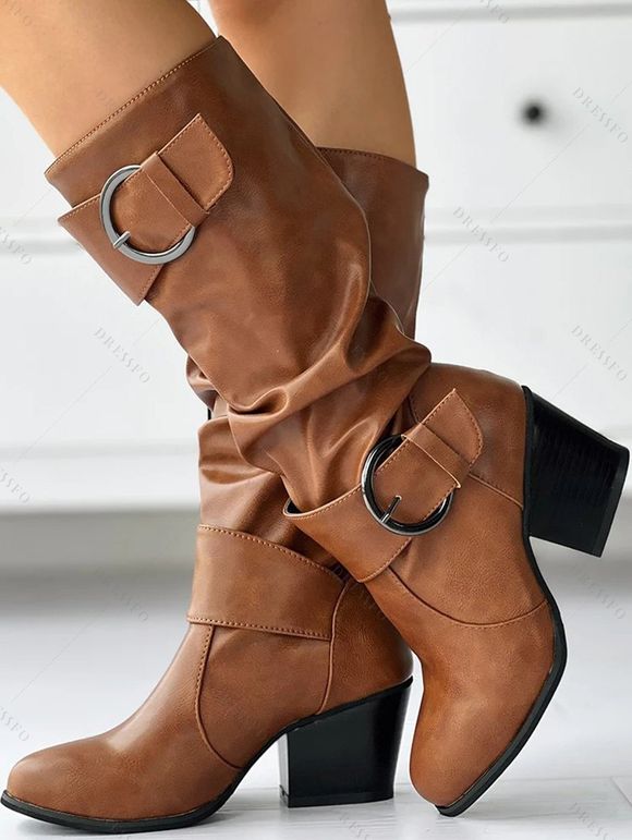 Solid Color O Ring Buckle Chunky Heels Equestrian-Style Boots - Noir EU 43