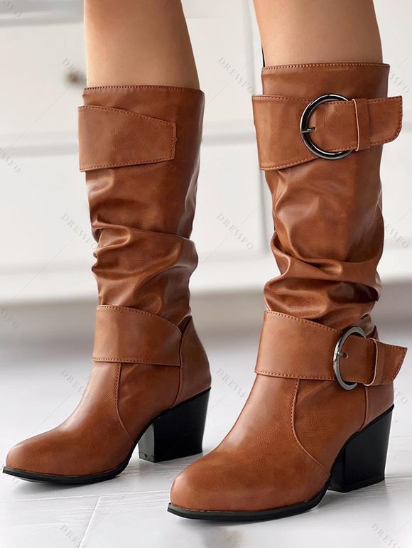 Solid Color O Ring Buckle Chunky Heels Equestrian-Style Boots - Noir EU 43