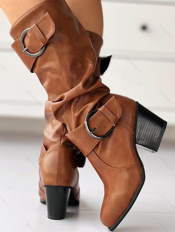 Solid Color O Ring Buckle Chunky Heels Equestrian-Style Boots - Noir EU 43