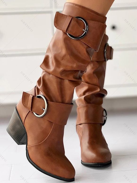 Solid Color O Ring Buckle Chunky Heels Equestrian-Style Boots - Noir EU 43