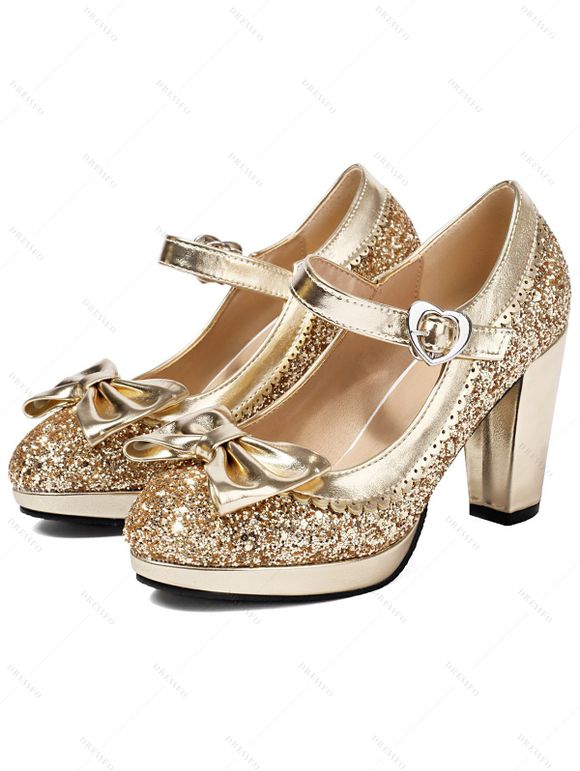 Party Sandals Sequined Bowknot Heart Ring Buckle Strap Chunky Heels Sandals - Argent EU 43