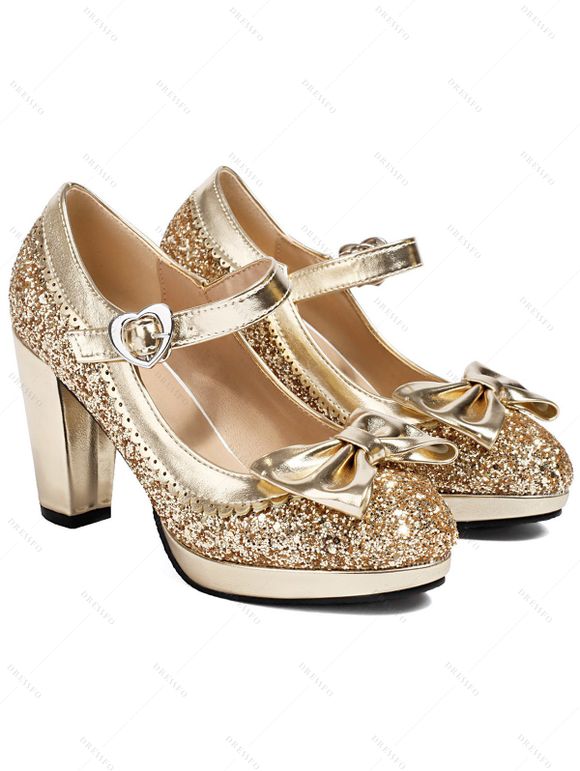 Party Sandals Sequined Bowknot Heart Ring Buckle Strap Chunky Heels Sandals - Argent EU 43