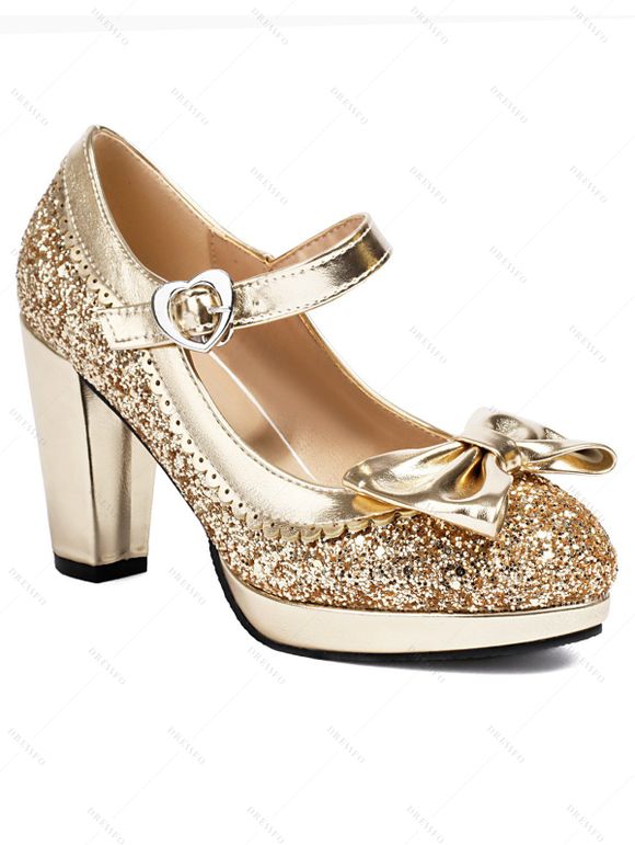Party Sandals Sequined Bowknot Heart Ring Buckle Strap Chunky Heels Sandals - Argent EU 43