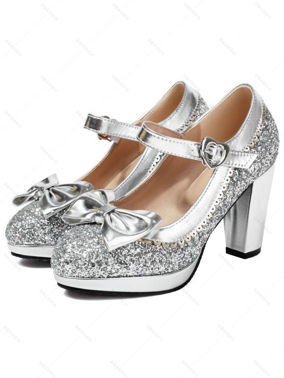 Party Sandals Sequined Bowknot Heart Ring Buckle Strap Chunky Heels Sandals - d'or EU 43