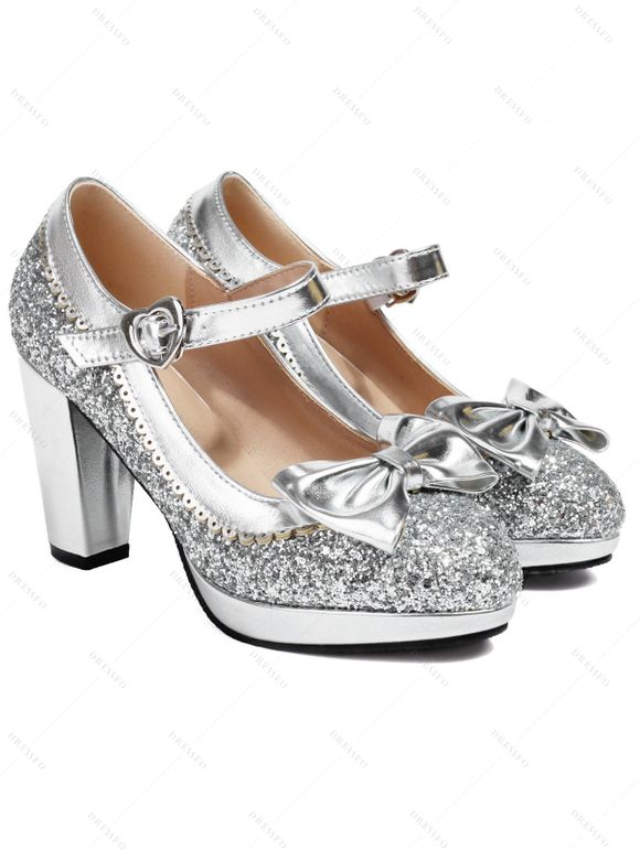 Party Sandals Sequined Bowknot Heart Ring Buckle Strap Chunky Heels Sandals - d'or EU 43