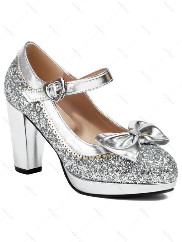 Party Sandals Sequined Bowknot Heart Ring Buckle Strap Chunky Heels Sandals - d'or EU 43