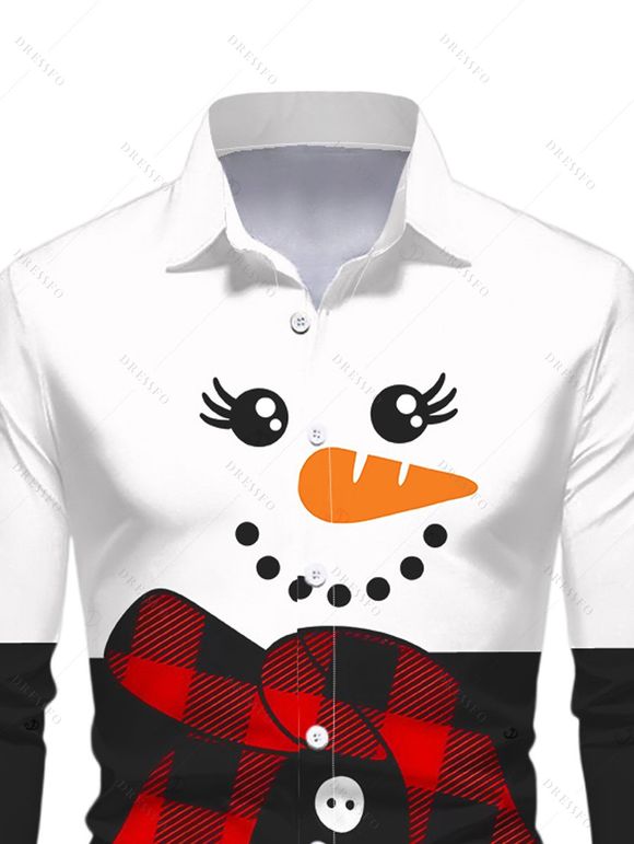 Chemise de Noël pour homme à manches longues, imprimé bonhomme de neige et écharpe à carreaux, colorblock - Noir 5XL