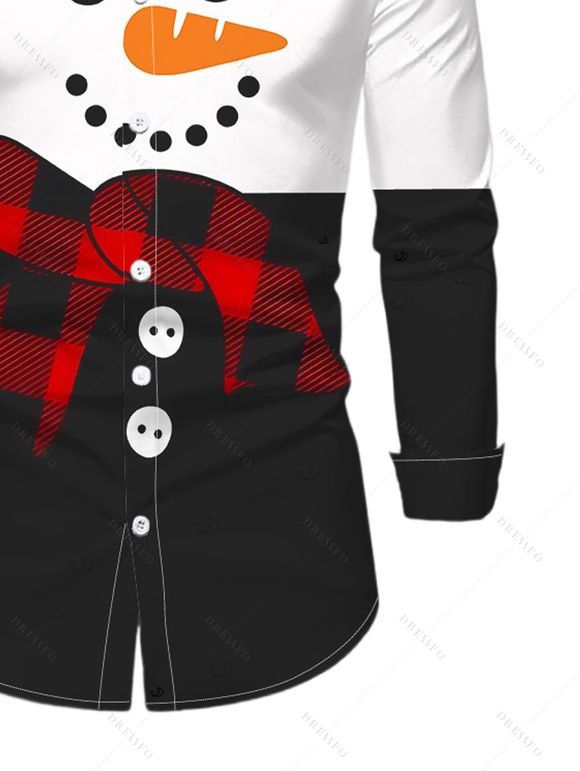 Chemise de Noël pour homme à manches longues, imprimé bonhomme de neige et écharpe à carreaux, colorblock - Noir 5XL