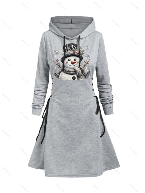Robe sweat à capuche de Noël à imprimé bonhomme de neige et manches longues lacées - Gris Clair XXL | US 14