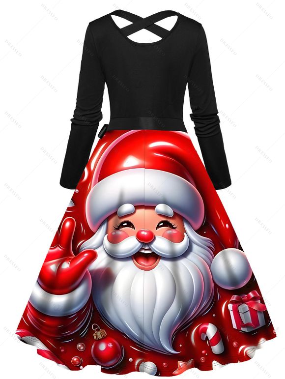 Robe de Noël à imprimé clochettes et colorblock Père Noël, ceinture croisée - Rouge Vineux XXXXXL | US 20