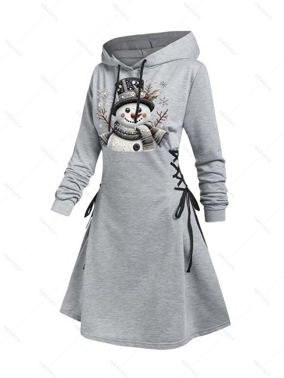 Robe sweat à capuche de Noël à imprimé bonhomme de neige et manches longues lacées - Gris Clair XXL | US 14