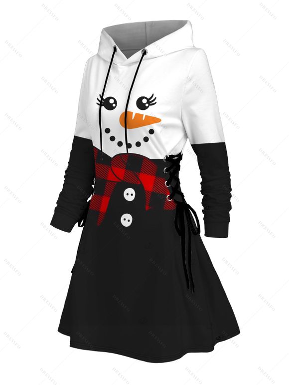Robe sweat à capuche de Noël colorblock bonhomme de neige imprimé foulard à carreaux robe à lacets - Noir XXXXXL | US 20