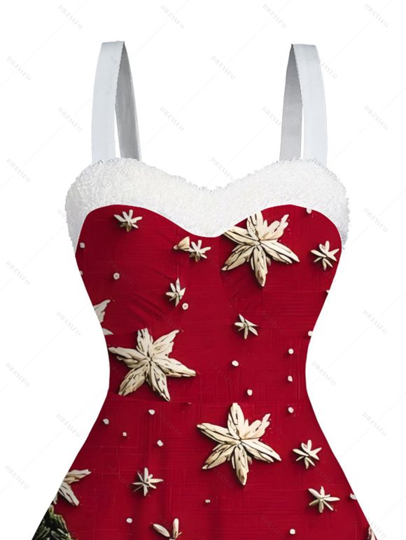 Robe de Noël imprimée sapin et flocons de neige en 3D, mini-robe en fausse fourrure - Rouge Vineux XXXXXL | US 20