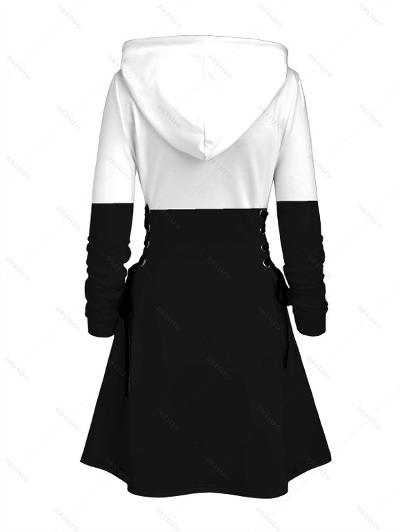 Robe sweat à capuche de Noël colorblock bonhomme de neige imprimé foulard à carreaux robe à lacets - Noir XXXXXL | US 20