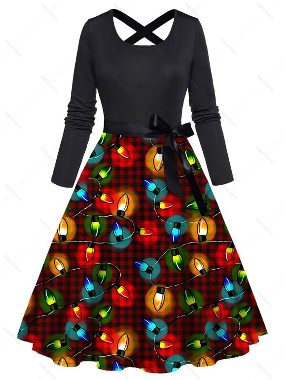 Robe de Noël à carreaux imprimé chaînes éclair et ceinture croisée - Noir XXXXXL | US 20