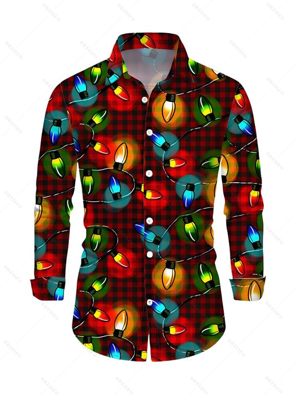 Chemise de Noël pour homme à carreaux avec imprimé chaînes d'éclairs, manches longues - Rouge foncé 5XL