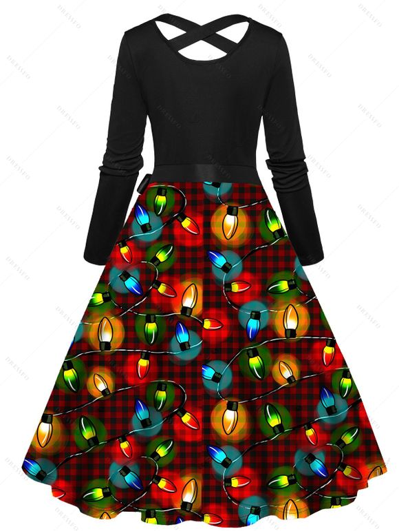 Robe de Noël à carreaux imprimé chaînes éclair et ceinture croisée - Noir XXXXXL | US 20