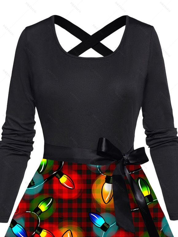 Robe de Noël à carreaux imprimé chaînes éclair et ceinture croisée - Noir XXXXXL | US 20