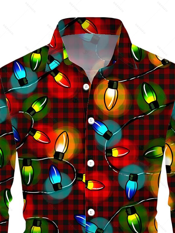 Chemise de Noël pour homme à carreaux avec imprimé chaînes d'éclairs, manches longues - Rouge foncé 5XL