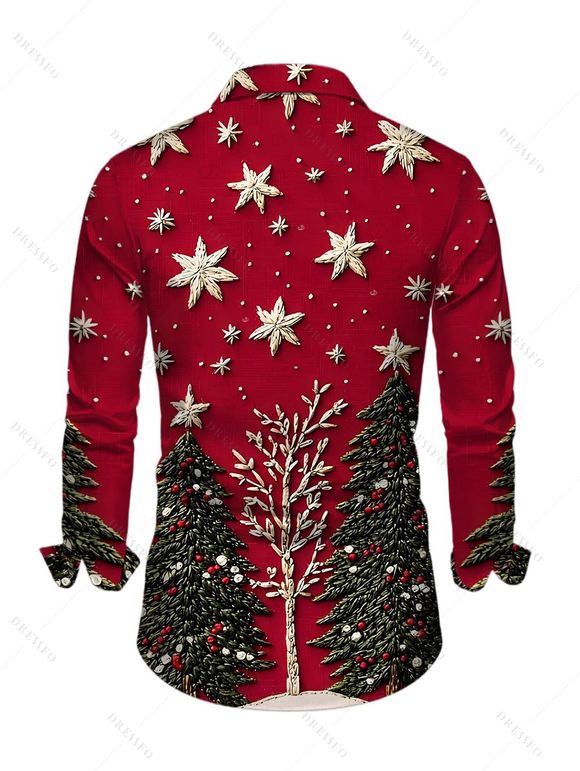 Chemise de Noël pour homme, manches longues, imprimé sapin et flocon de neige en 3D - Rouge Vineux 5XL