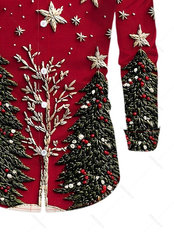 Chemise de Noël pour homme, manches longues, imprimé sapin et flocon de neige en 3D - Rouge Vineux 5XL