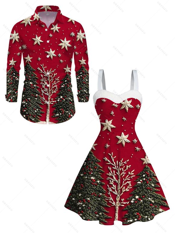 Holiday Couple Outfit Snowflake Christmas Tree Print Faux Fur Dress and Shirt Set - Rouge Vineux S | US 4