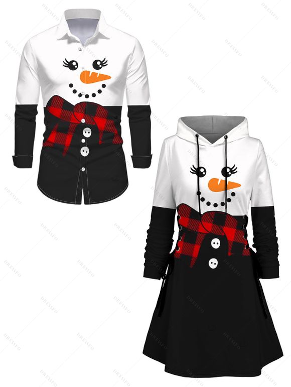 Christmas Couple Outfit Colorblock Snowman Plaid Scarf Print Hoodie Dress and Shirt Set - Noir S | US 4
