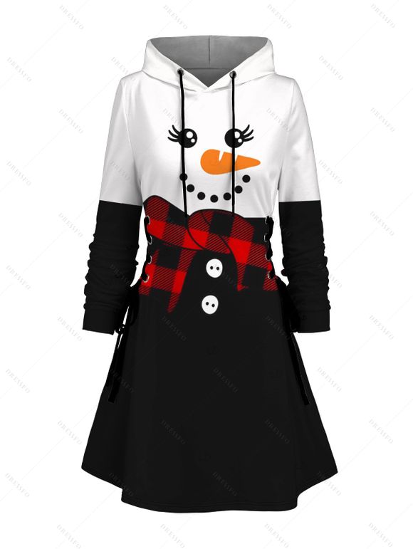 Christmas Couple Outfit Colorblock Snowman Plaid Scarf Print Hoodie Dress and Shirt Set - Noir S | US 4
