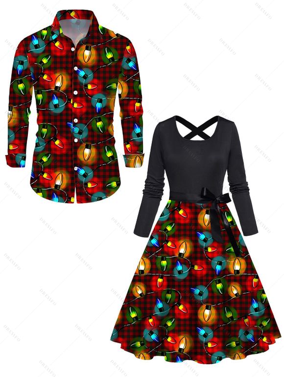 Christmas Couple Outfit Plaid Lightning Chains Print Belt Dress and Shirt Set - Noir S | US 4